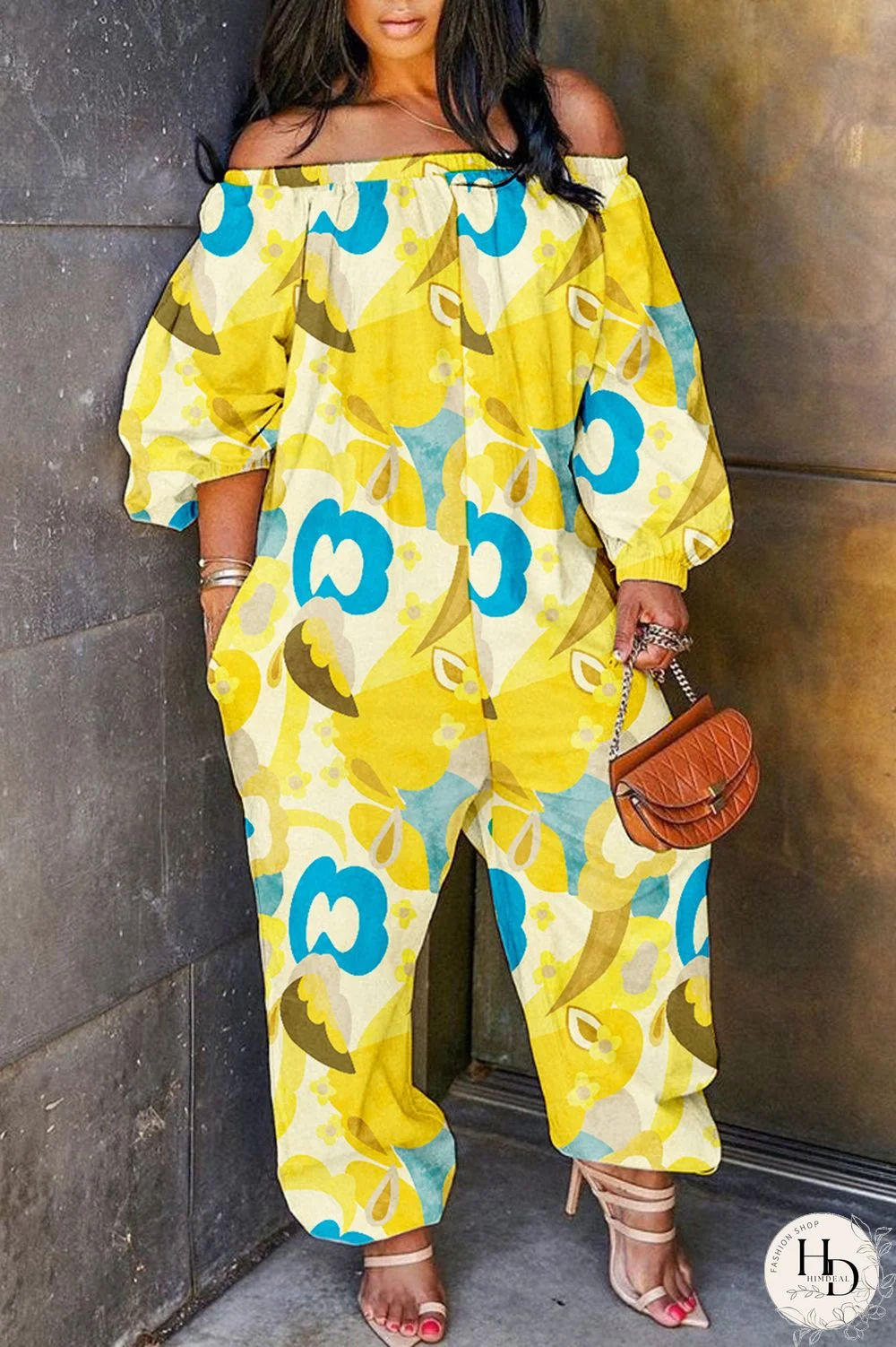 Pink Casual Print Patchwork Off the Shoulder Regular Jumpsuits