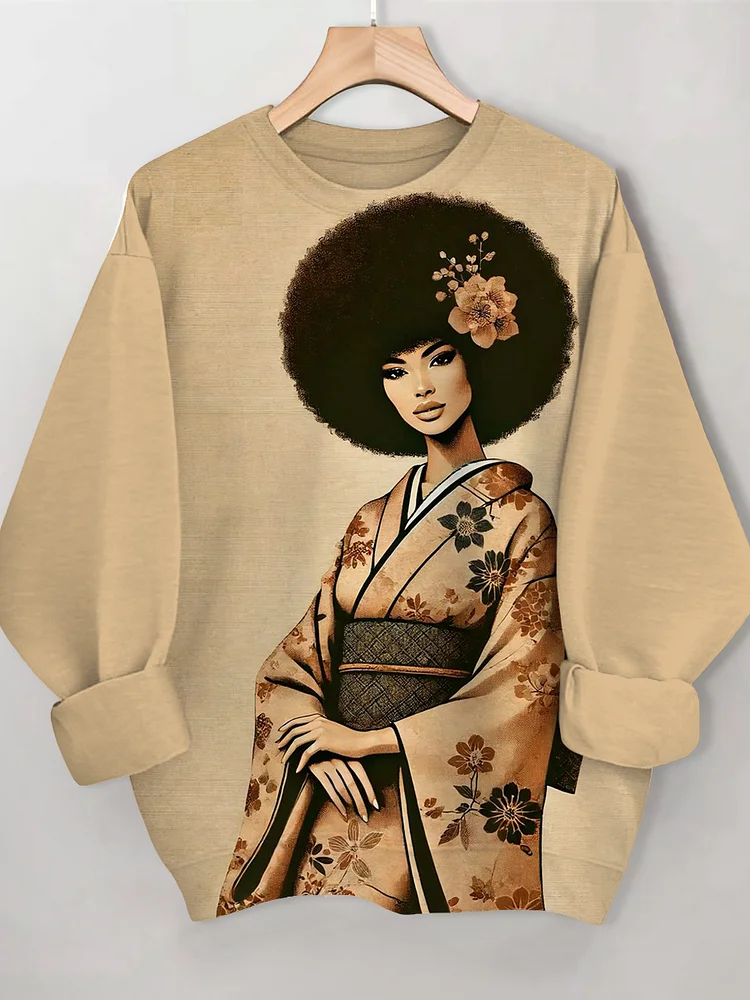 Women's Elegant Black Woman Wearing Japanese Kimono Art Print Casual Sweatshirt