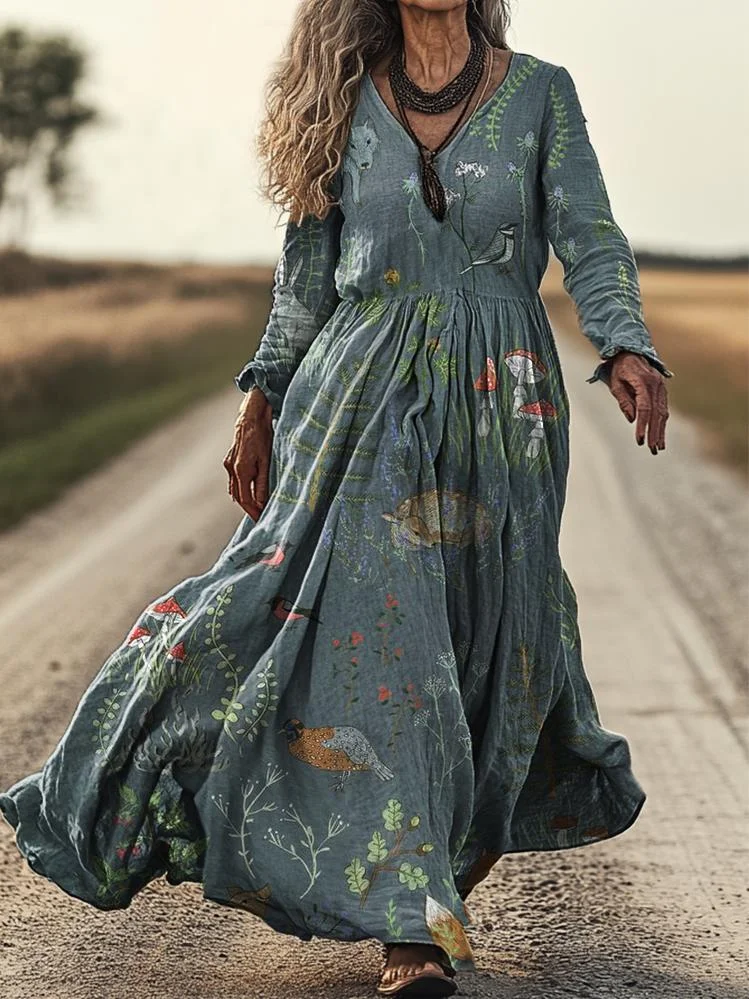 Women's Boho Ethnic Floral Art Pattern Print Pocket Cotton Dress