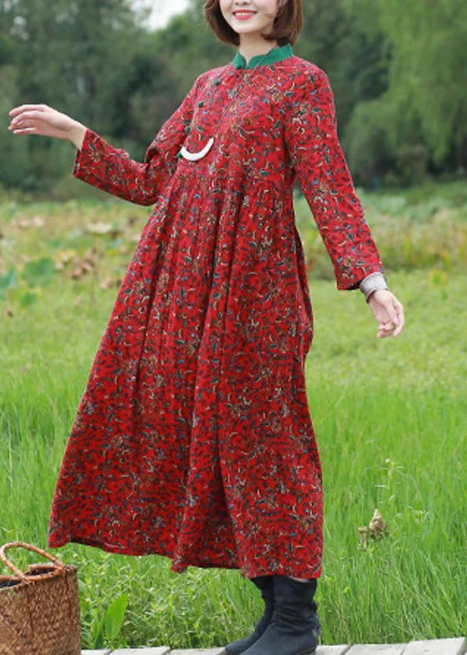 Unique Red Print Clothes Stand Collar Large Hem Art Spring Dress