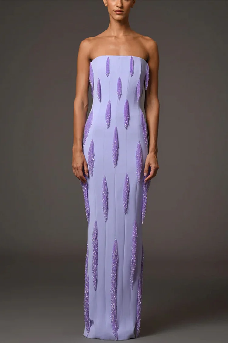Beaded Fringe Embellished Strapless Maxi Dress-Violet