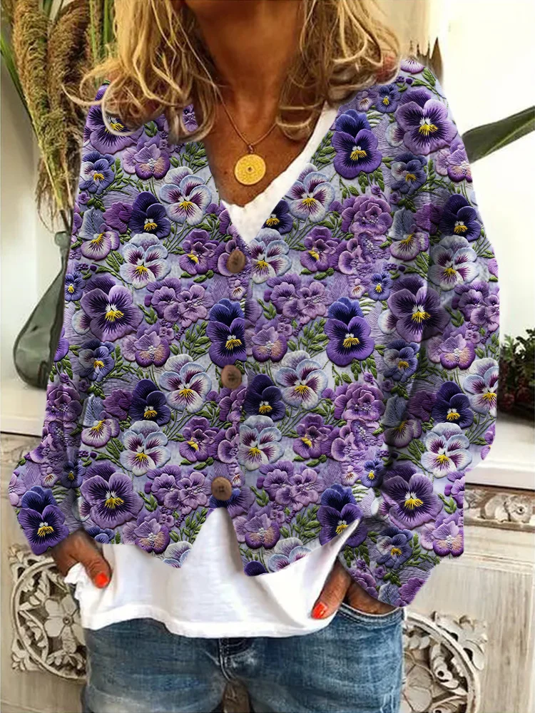 VChics Pansy Floral Embroidery Pattern V Neck Cardigan