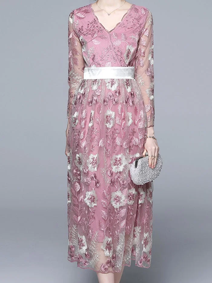V-neck Mesh Embroidered Floral Dress