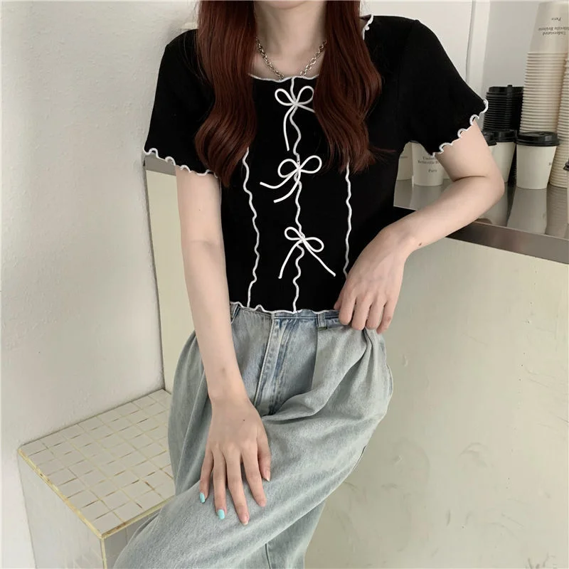 Uveng Uveng Bow Bow Short-Sleeved T-Shirt 2023 Summer New Hundred Korean Version In Short Small Man With Woman