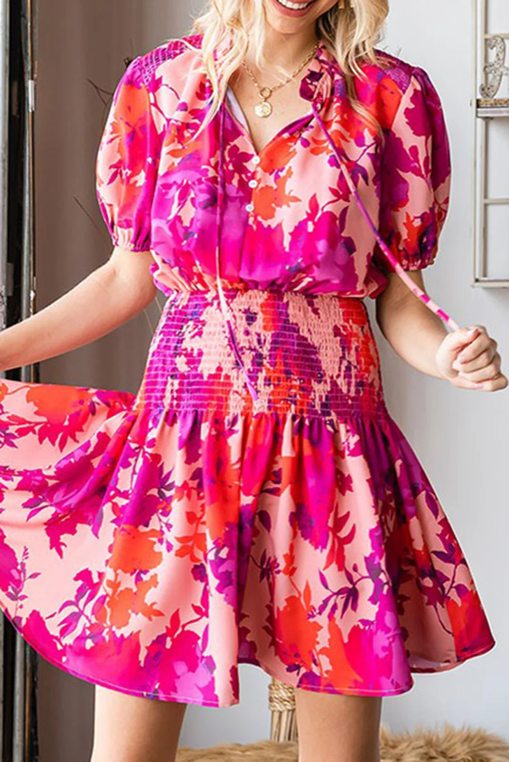 Rose Floral Smocked Waist Bubble Sleeve Flare Dress | IFYHOME