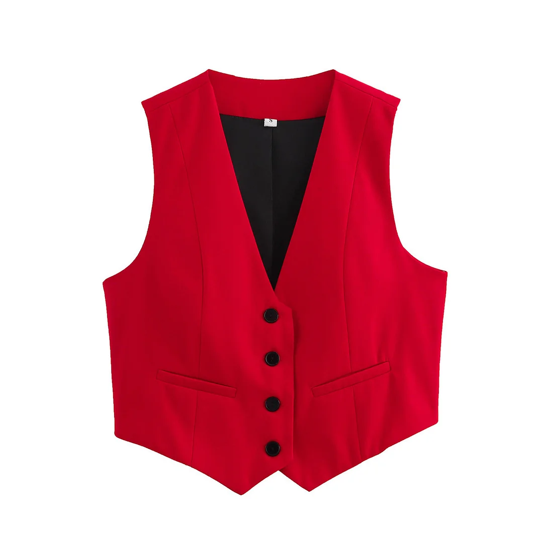 Nigikala Nigikala Women's Retro Solid Color Candy Color V-Neck Short Suit Vest / Horse Clip Cane