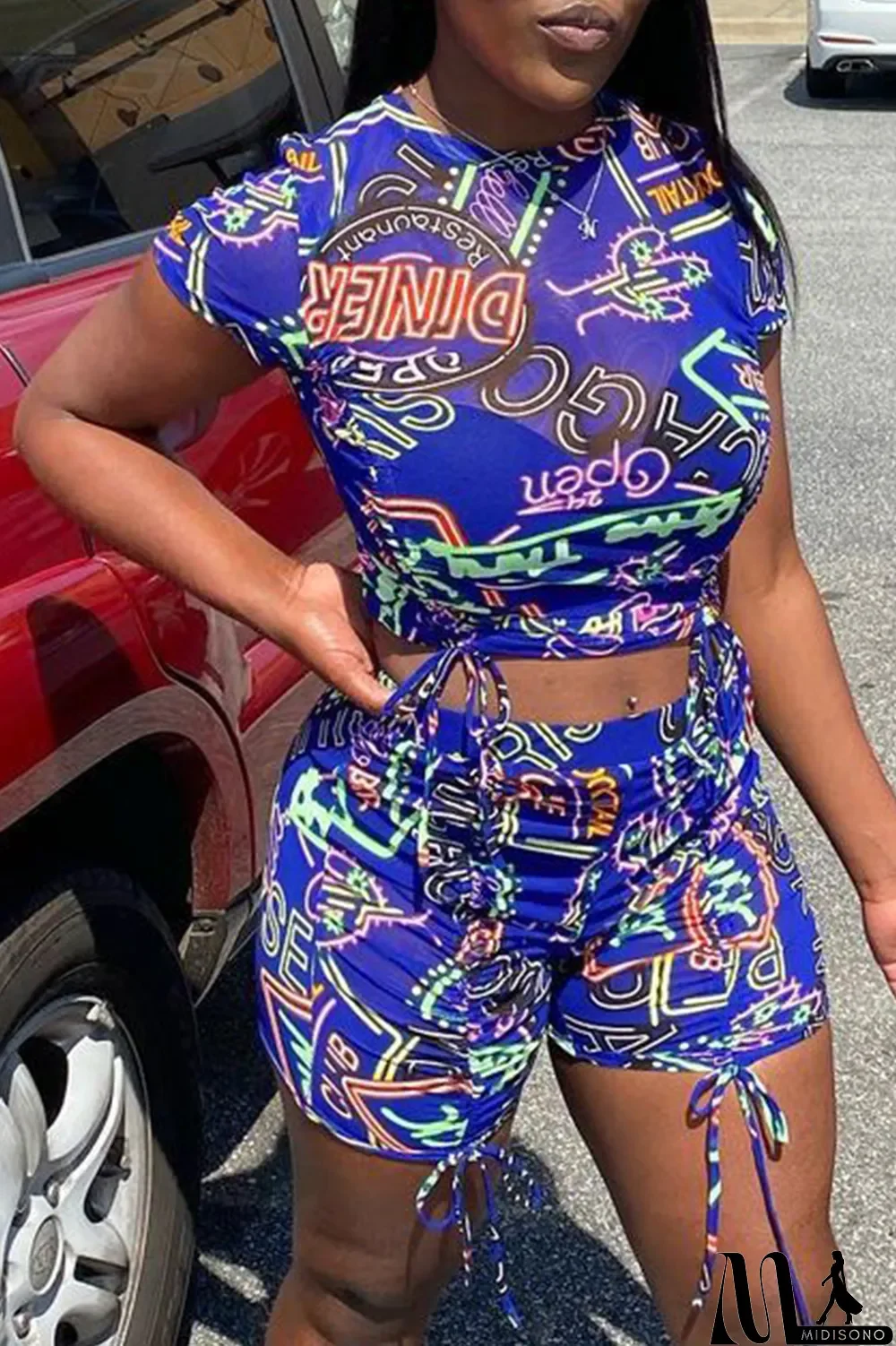 MidiSono - Blue Casual Print Draw String Turtleneck Short Sleeve Two Pieces