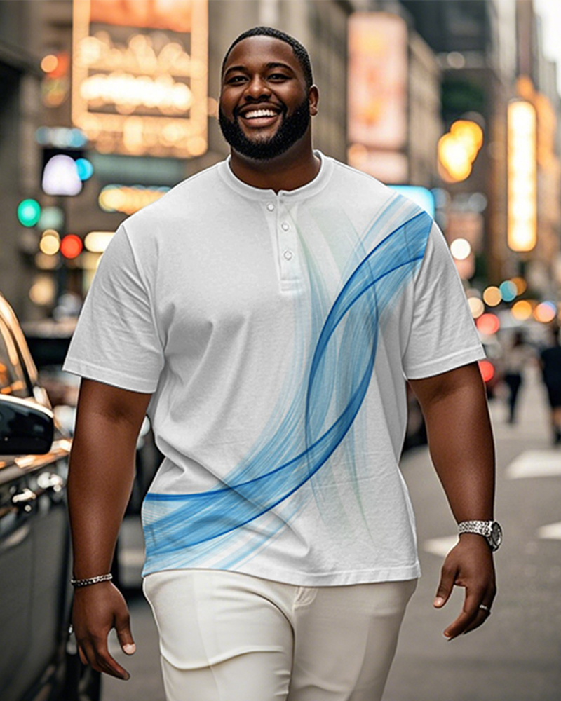 Men's Plus Size Daily Casual Blue Gradient Line Print Henry Collar Button Short Sleeve T-Shirt
