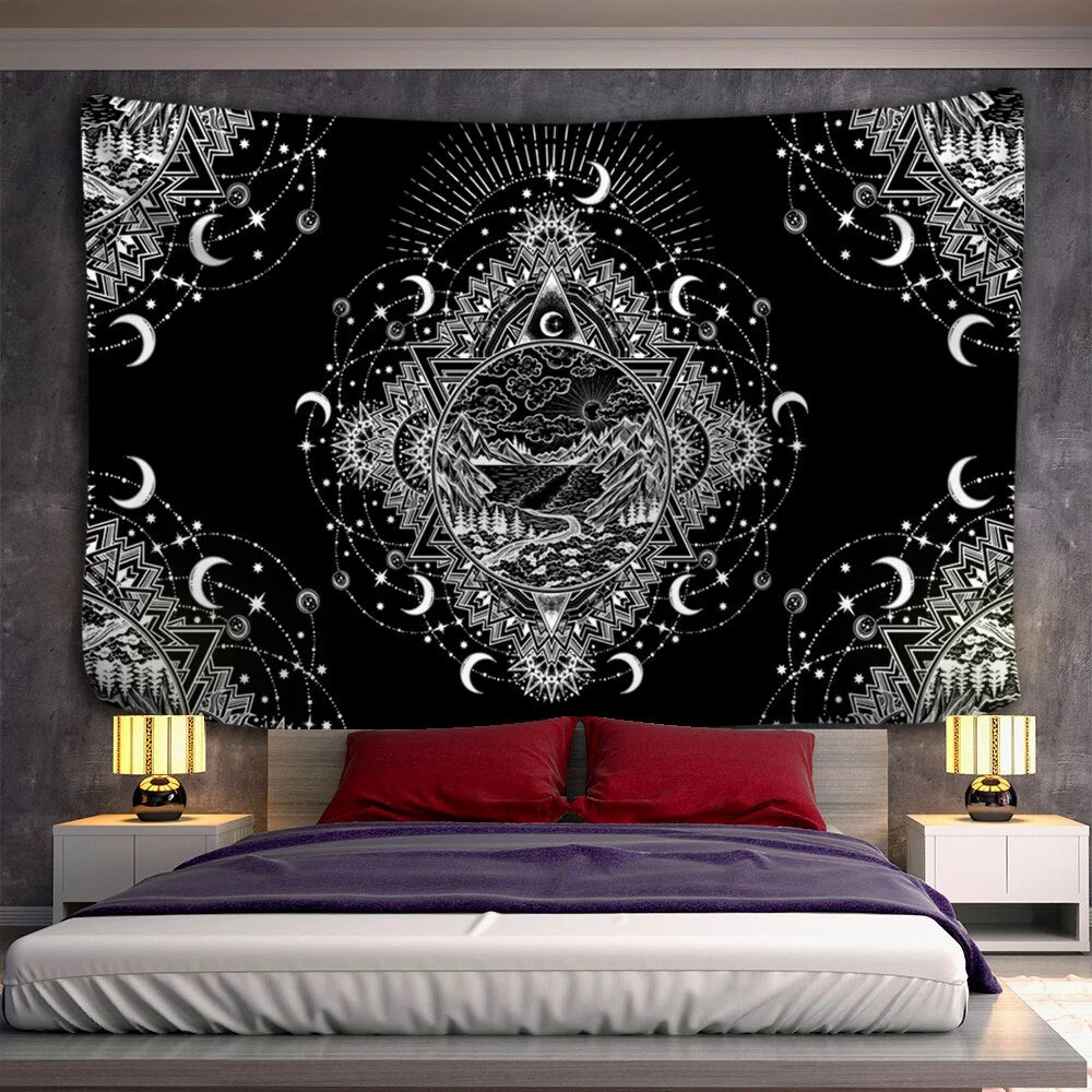 Black and White Moon Mandala Bohemian Decoration Wall Hanging Bedroom Psychedelic Scene Starlight Art Home Decoration tapestry