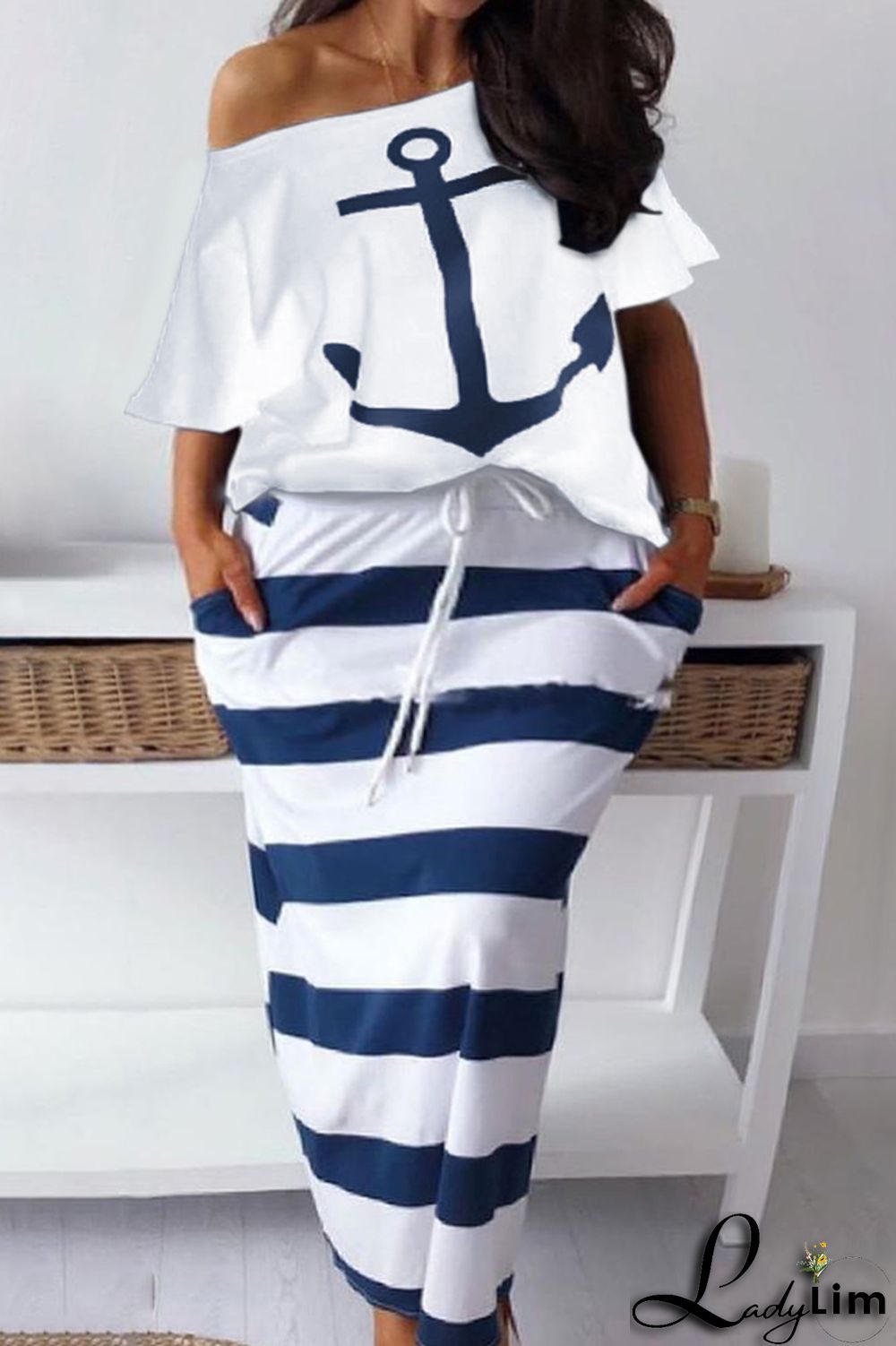 Deep Blue Fashion Casual Print Basic Oblique Collar Plus Size Two Pieces