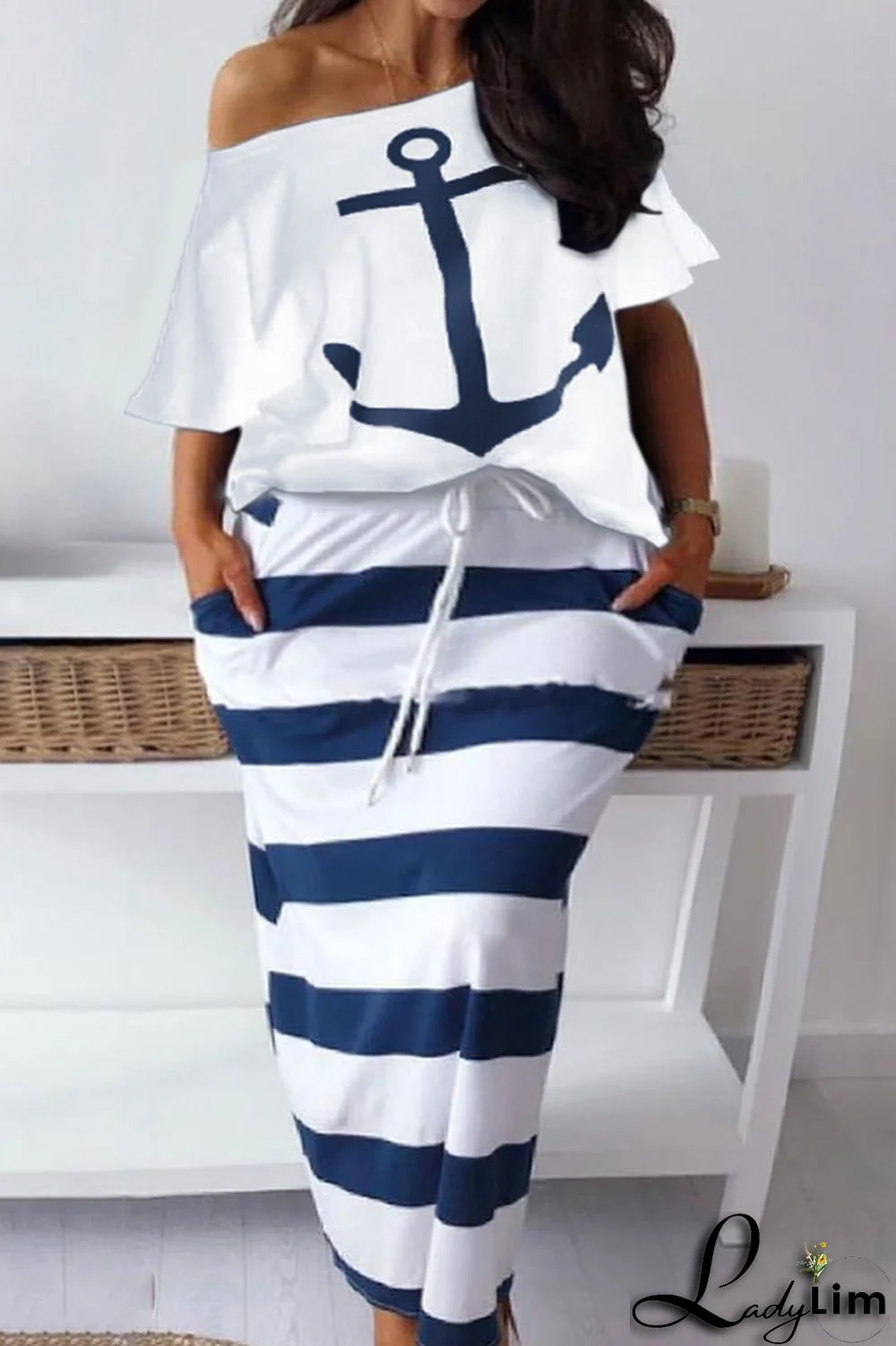 Deep Blue Fashion Casual Print Basic Oblique Collar Plus Size Two Pieces