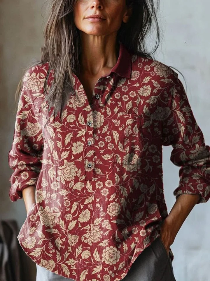 Women's Vintage Lovely Floral Art Print Casual Cotton And Linen Shirt