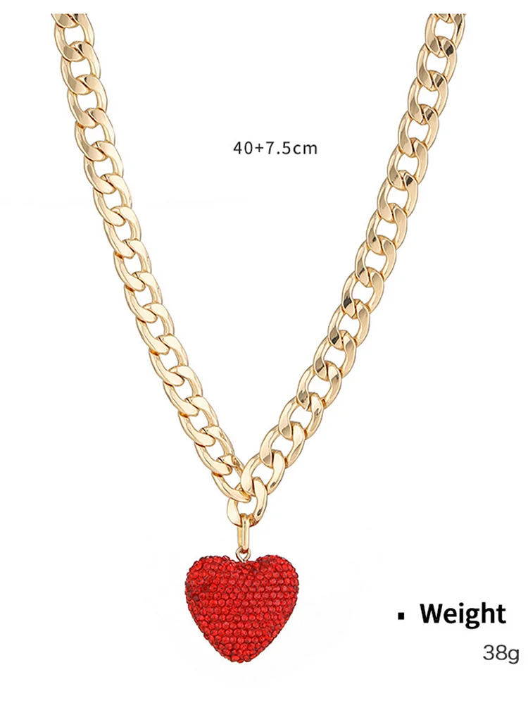 Fashion Punk Rhinestone Heart Pendant Curb Chain Necklace Earrings 2Pcs Set