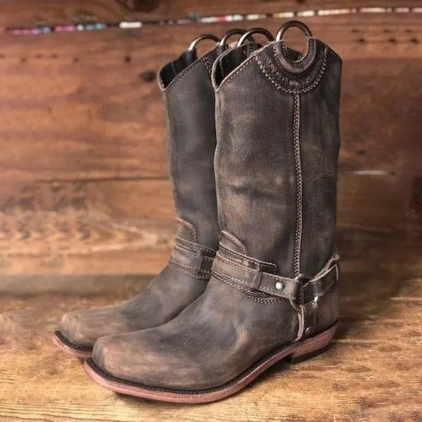 Women Boots 2020 Autumn Vintage Brown PU Leather Cowboy Square Toe Mid-Calf Boots Outdoor Slip On Metal Buckle Ladies Boots