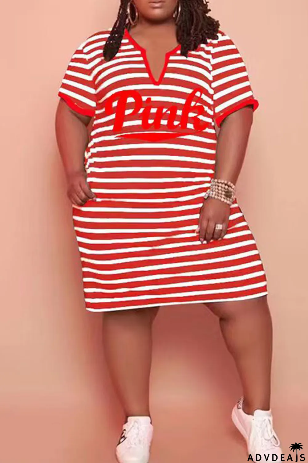 Red Casual Striped Print Patchwork V Neck Straight Plus Size Dresses