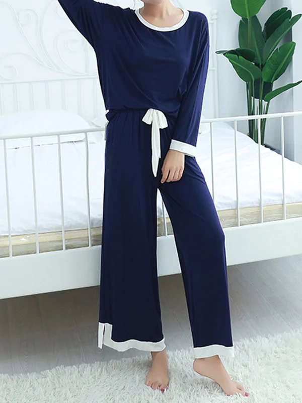 Long Sleeves Loose Contrast Color Round-Neck Two Pieces Pajama Set
