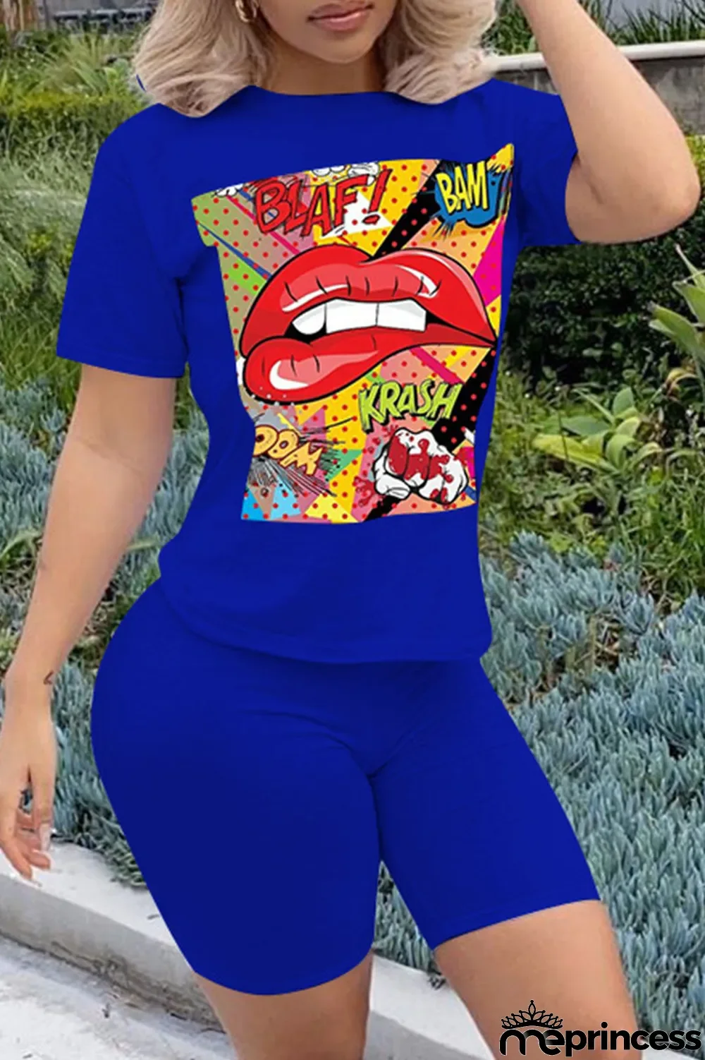 Orange Casual Letter Print Split Joint O Neck Short Sleeve Two Pieces