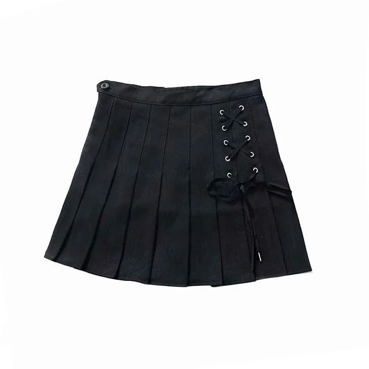 Lace Up High Waist Pleated Short Skirt - Modakawa Modakawa