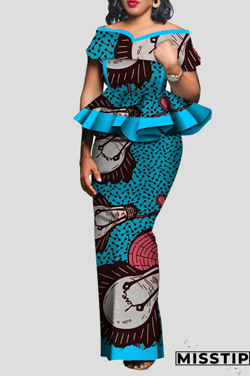 Red Orange Vintage Elegant Print Patchwork Flounce V Neck Short Sleeve Two Pieces