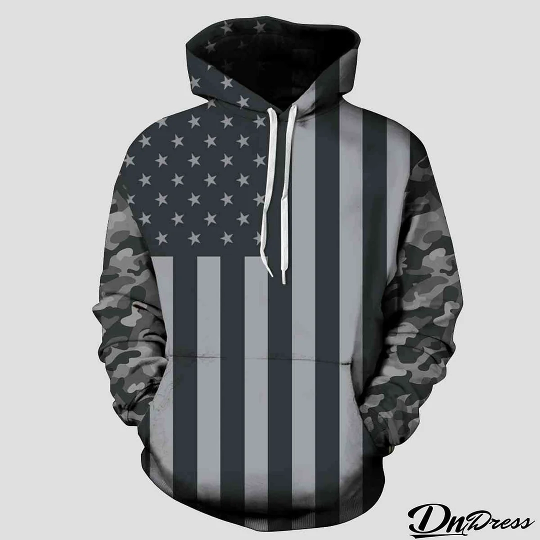 Full Size US Flag Camouflage Drawstring Hoodie