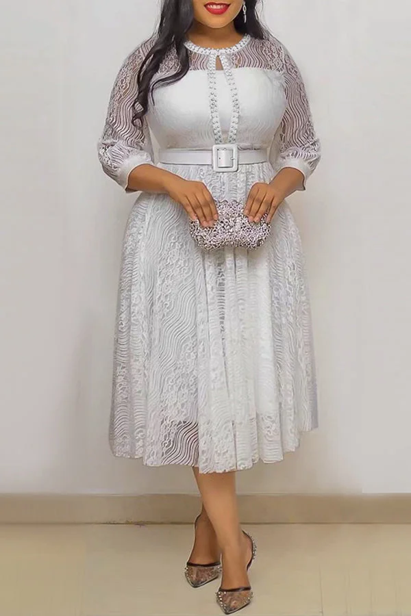 Temperament Half Sleeve Lace Beaded Belt Midi Dress