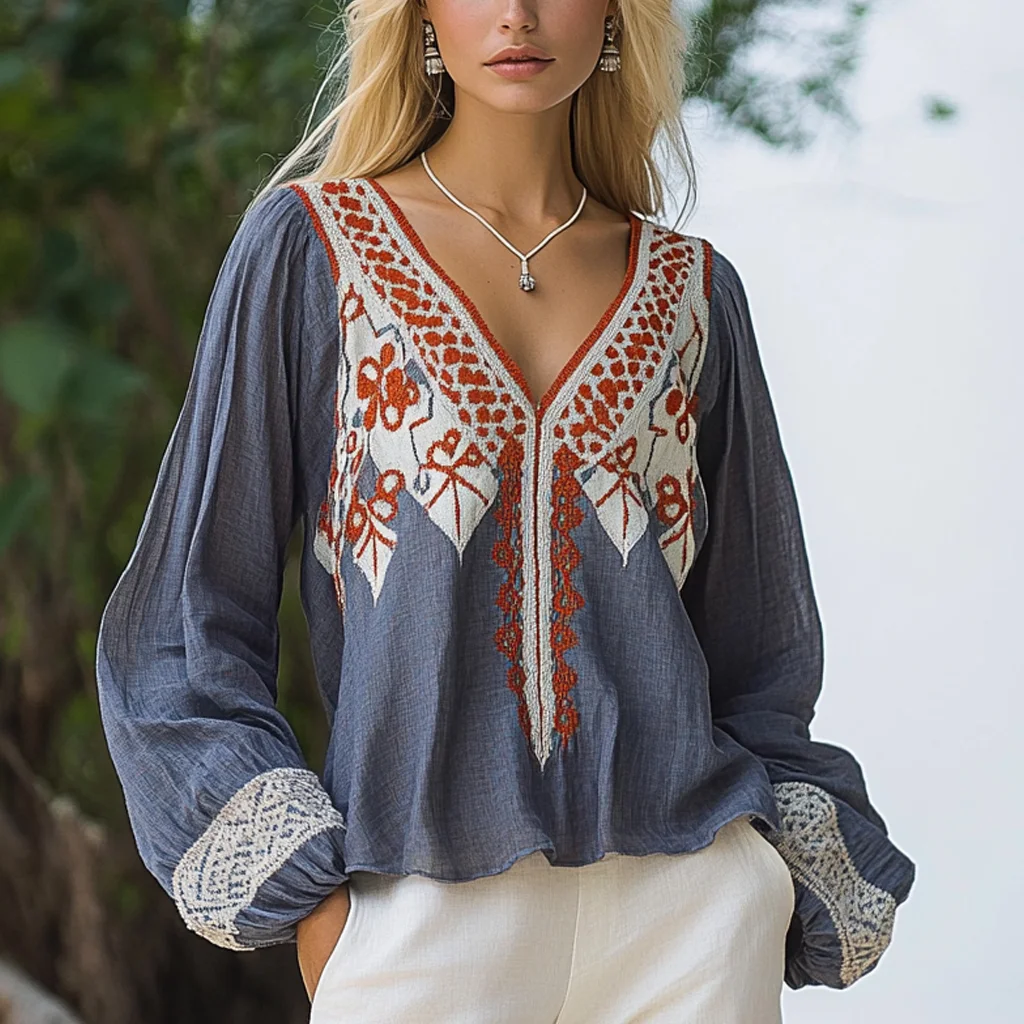 Bohemian Ethnic Pattern Linen Casual Long Sleeve Top