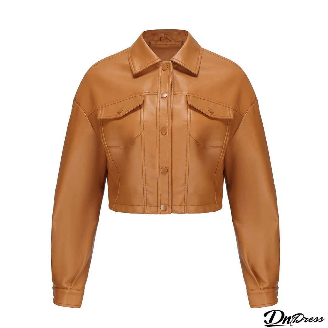 Women Loose Casual Long-sleeved Single-breasted Turndown Collar Crop Jacket