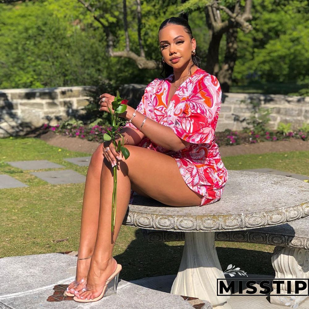 Summer Sexy Women Print Floral Short Sleeve Neck Lace Shirt Line Beach Party Mini Dress ##