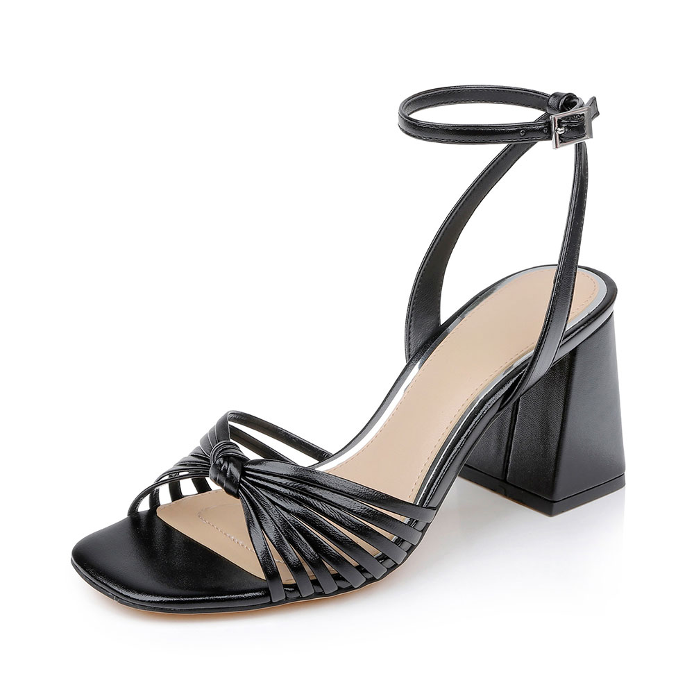 Simple Black Open Square Toe Knot Strappy Block Heel Sandals Nicepairs