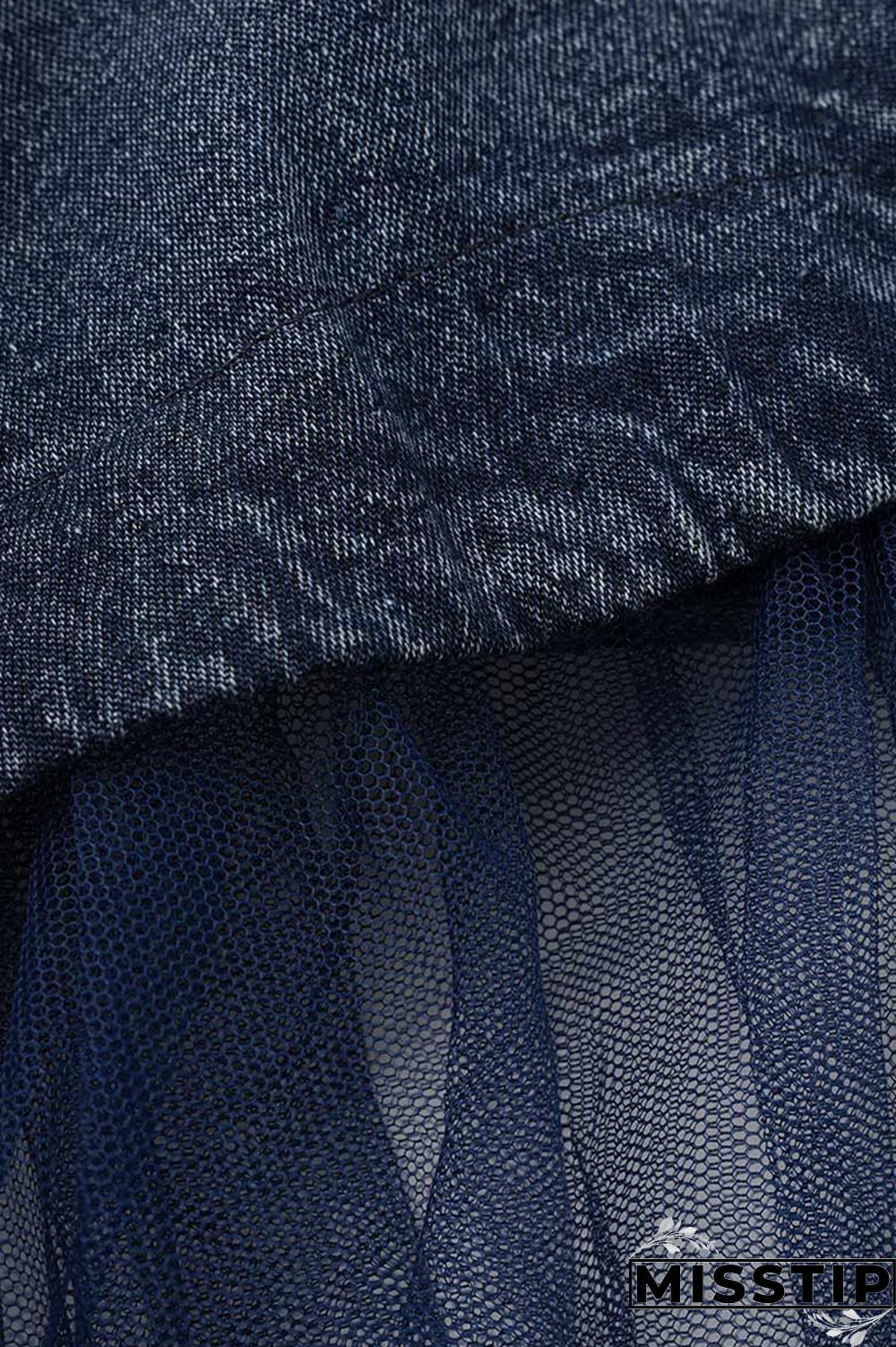 Deep Blue Fashion Casual Plus Size Patchwork Mesh Turndown Collar Short Sleeve Dress