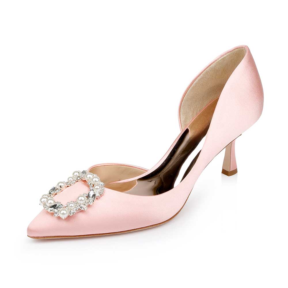 Lady's Satin Pointed Rhinestone Embellished Buckle Pink Pumps Nicepairs