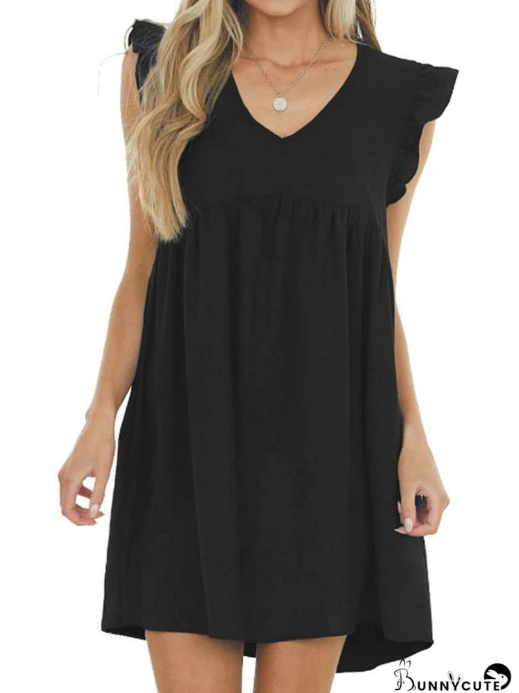 Short Sleeve Mini Dress, Women's Casual Summer V Neck Ruffle Loose Fit Sundress