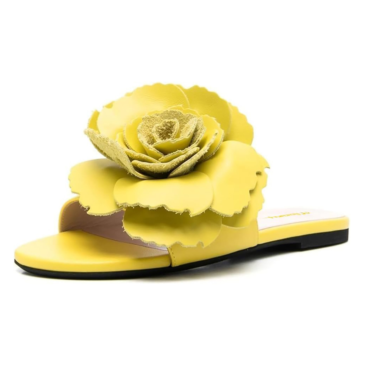 Women's Lemon Yellow Round Toe Flat Mules Sandals with Flower Nicepairs