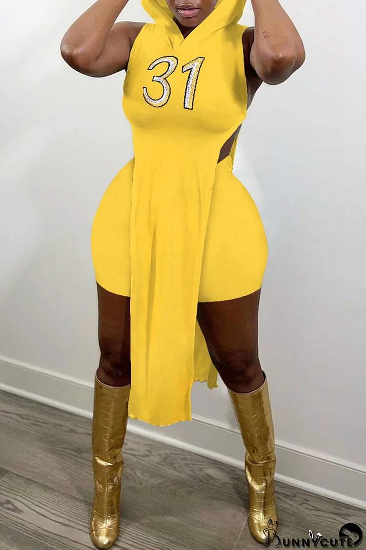 Yellow Fashion Sexy Embroidery Slit Hooded Collar Sleeveless Two Pieces