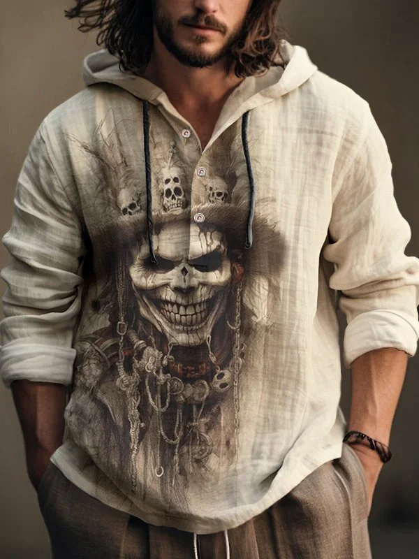 Men's Retro Gothic Western Evil Smiling Skull Art Print Hooded Long Sleeve Shirt