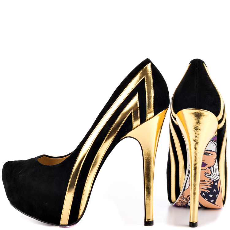 Women's Black and Gold Heels Dress Shoes Stiletto Heels Platform Pumps |FSJ Shoes