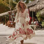 Women's Romantic Rose Patchwork Art Comfy Linen Vacation Maxi Dress - Image 2