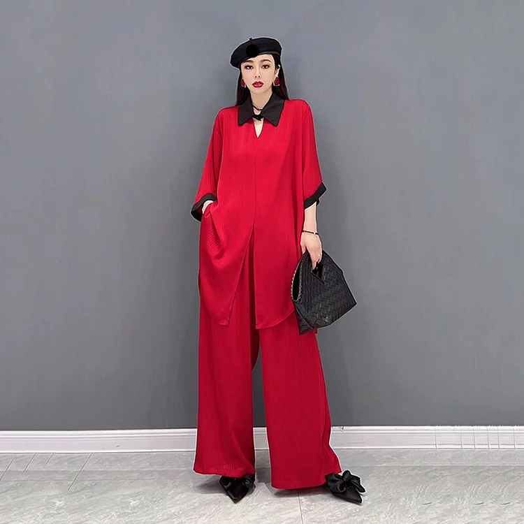  Solid Color Lapel Patchwork Chiffon Three Quarter Sleeve Shirt And Wide Leg Pants Two Piece Set