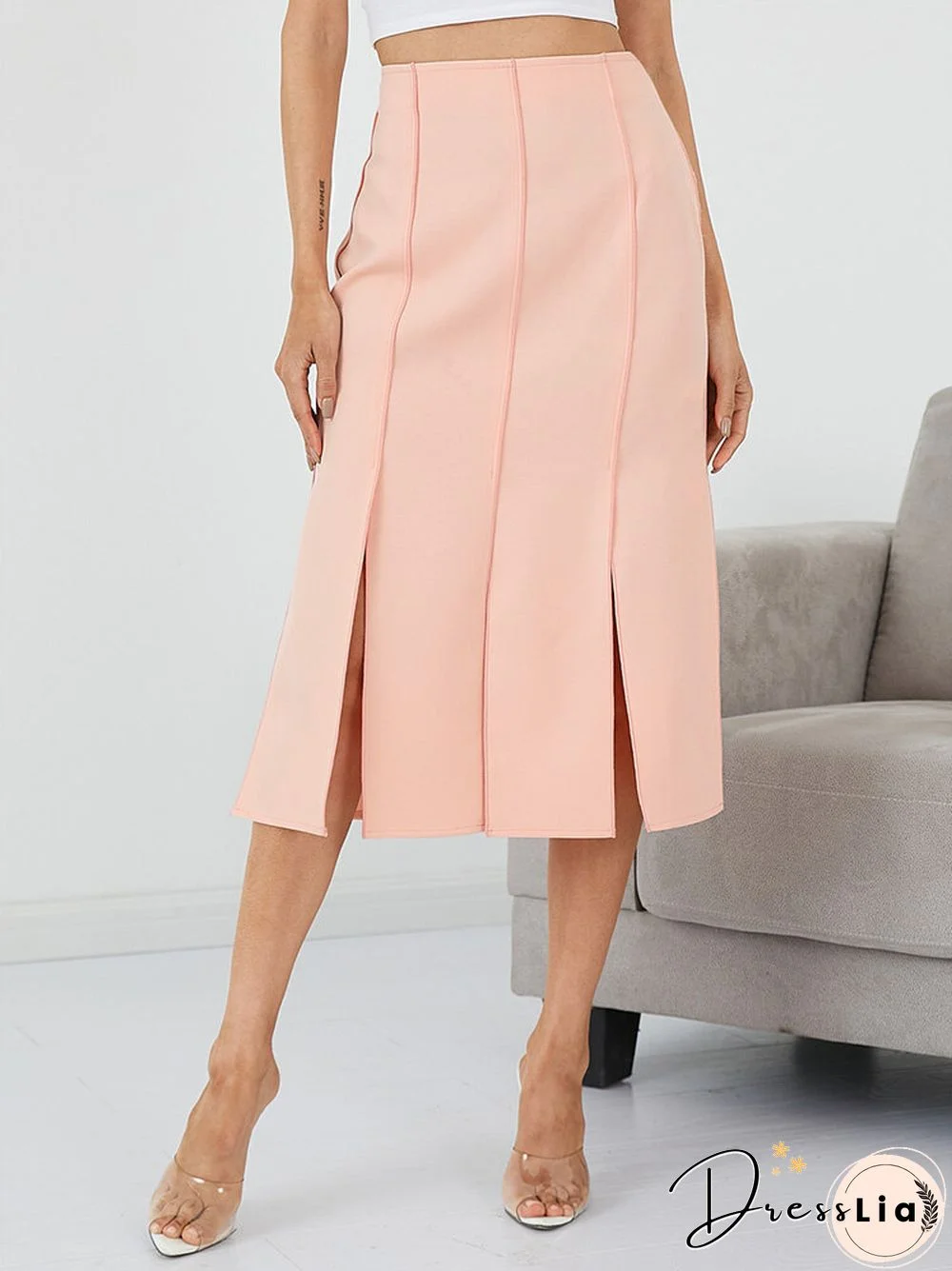 Solid Slit Contrast Stitch High Waist Midi Skirt for Women