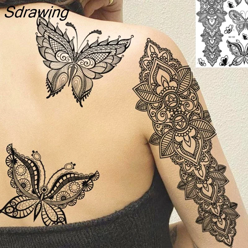 Sdrawing Henna Temporary Tattoos For Women Girls Feather Butterfly DreamCatcher Fake Gem Tattoo Sticker Chest Arm Tatoos Tribal 328-1