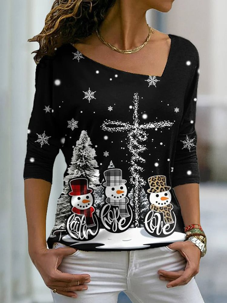 Christmas Snowman Print Casual T-Shirt