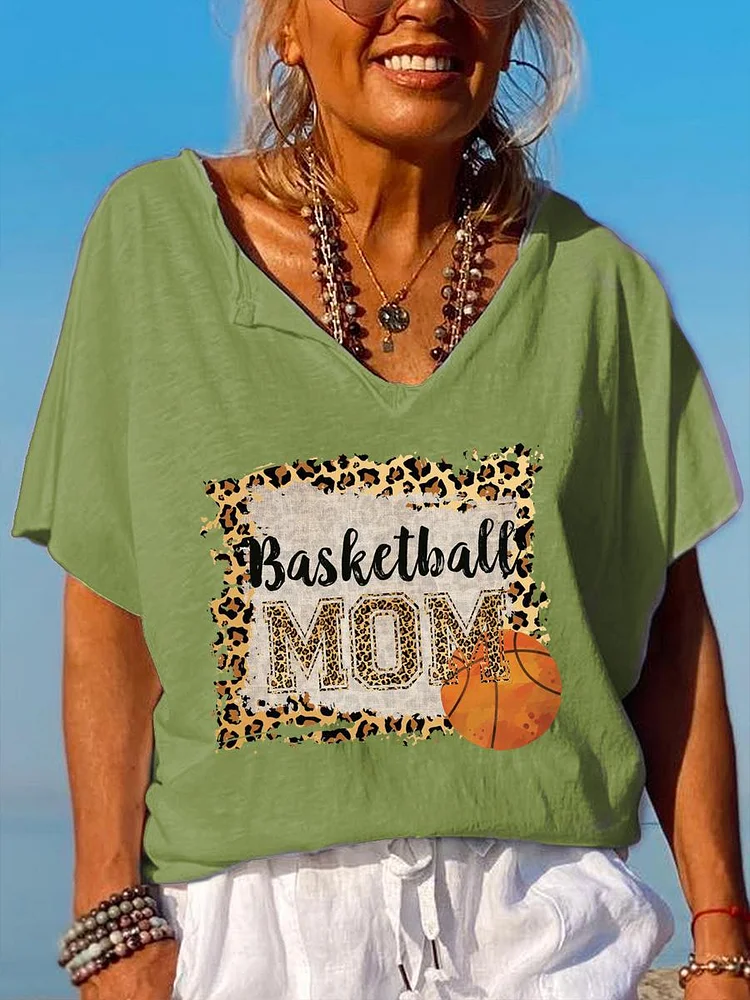 Basketball Mom  Leopard V Neck T-shirt-Annaletters