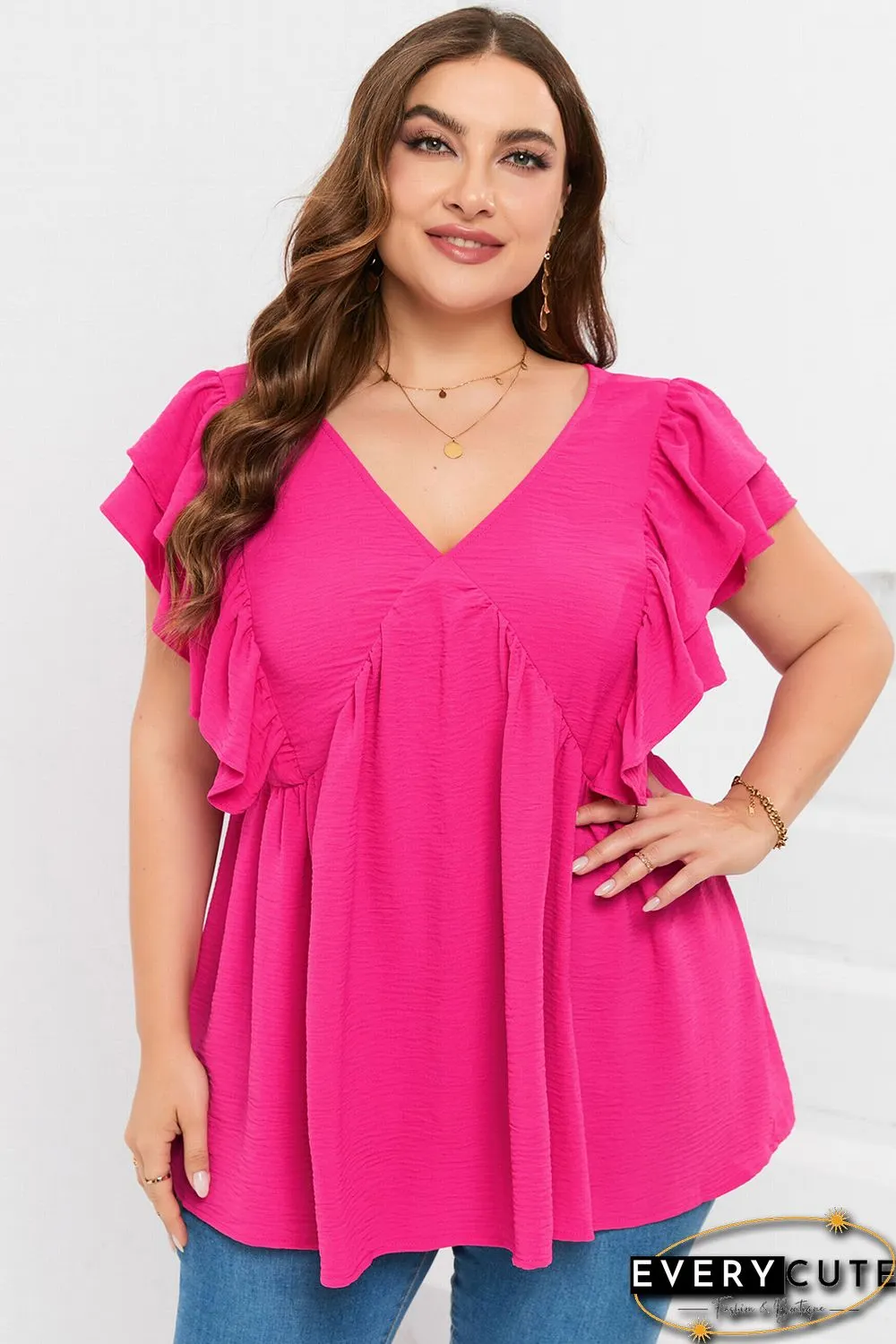Plus Size Ruffle V Neck Tie Back Tunic Top