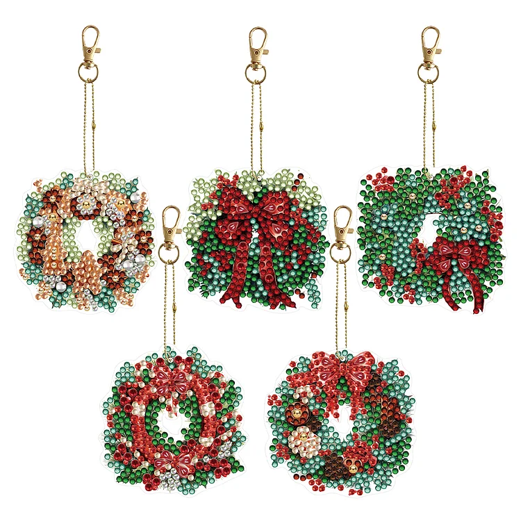 5PCS Diamond Art Keyring Christmas Wreath Double Sided Diamond Painting Keychain