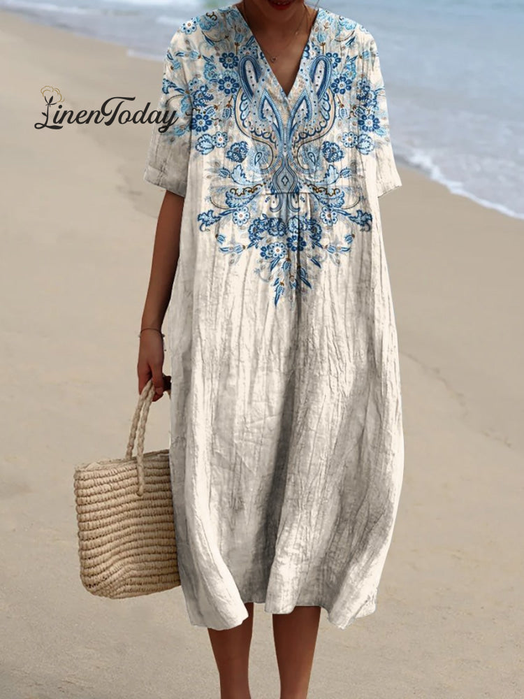 Women’s Blue Ethnic Pattern Print Flowy Dress Multicolor / S