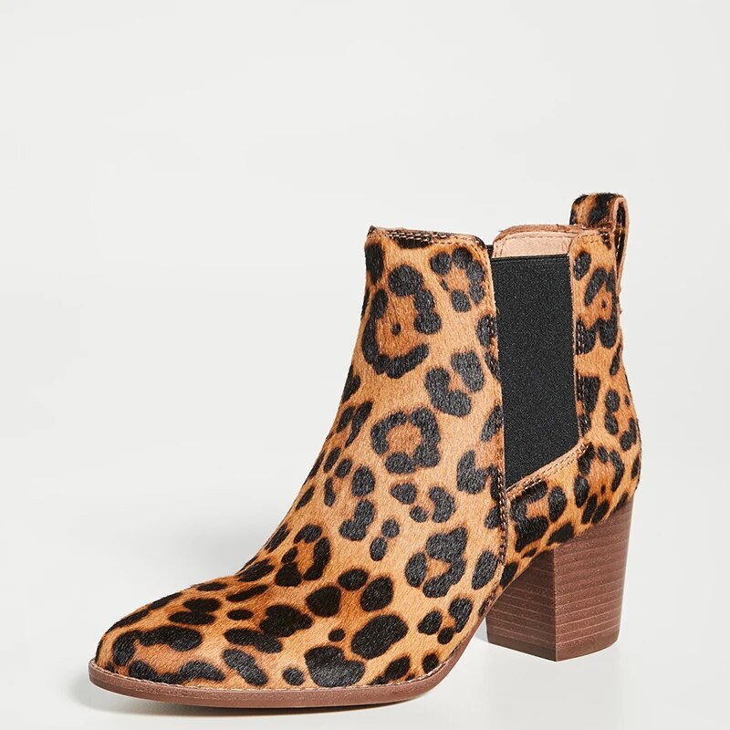 TAAFO Leopard Flock Booties High Chunky Heels Round Toe Woman Ladies Elastic Shoes Chelsea Ankle Boots