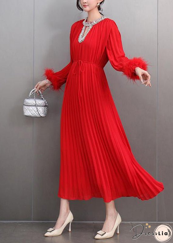 Italian Red O-Neck Wrinkled Patchwork Zircon Maxi Dresses Spring