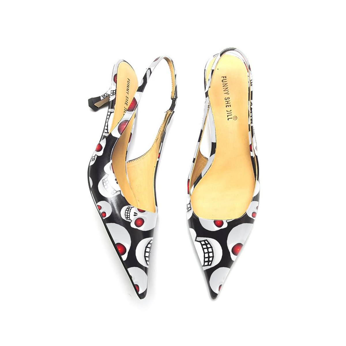 Black Bottom Skull Pattern Patent Leather Pointed Toe Elegant Kitten Heel