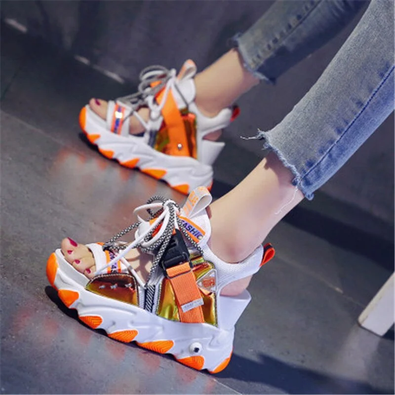 Women Chunky Platform Sandals Fashion Summer Mixed Colors 9cm Wedge Female Beach Shoes Sweet Campus Style Open Toe High Heels