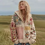 Women's Vintage Floral Patchwork Cozy Zipper Knit Sweater Hooded - Image 2